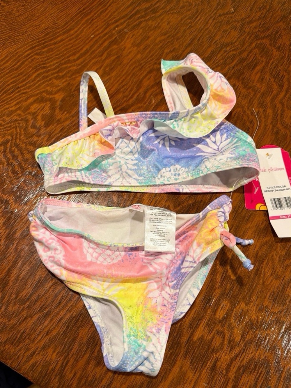Pink Platinum Pastel Rainbow Tie-Side Girls Swim Top & Bottom 3T